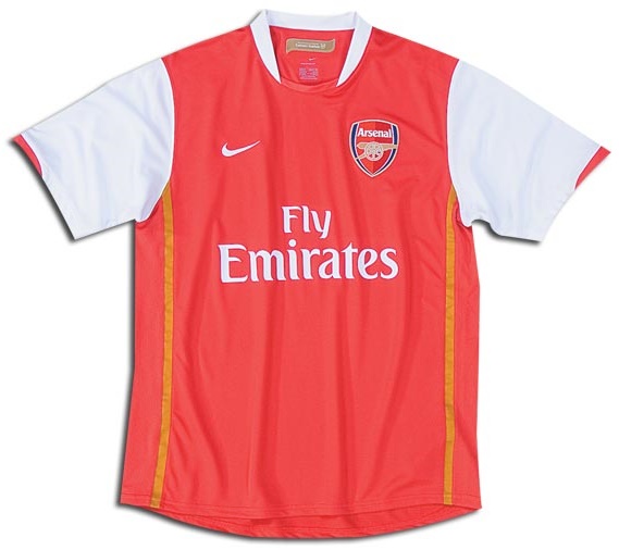 Arsenal shirts: 2007 home red, white and yellow shirt