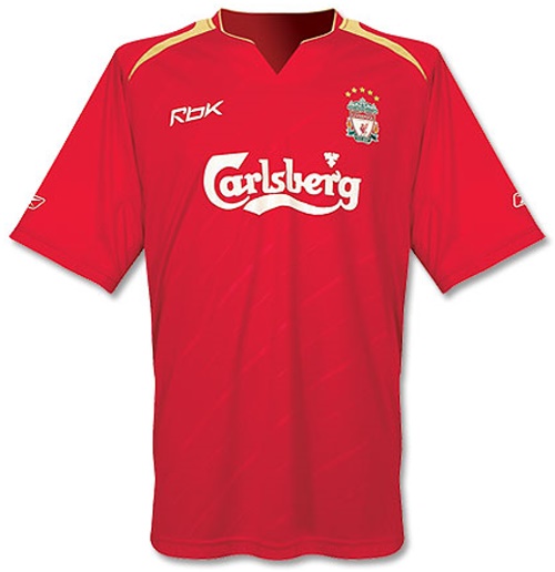 Liverpool shirts: 2006 home red, yellow and white shirt